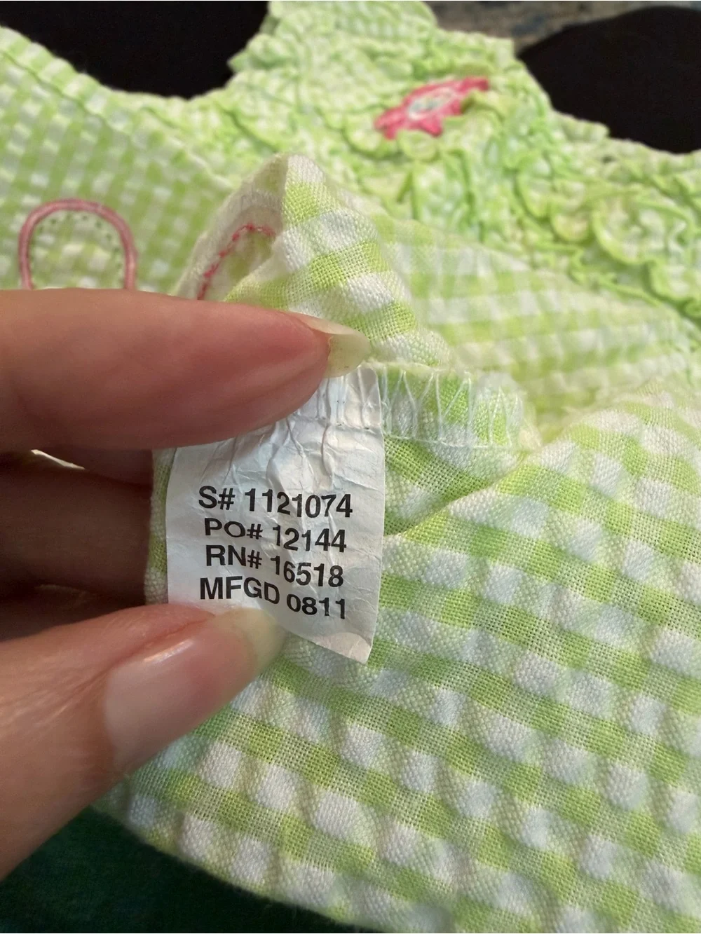 Youngland seersucker Light Green Gingham Dress Pink Floral Appliqués size 12m